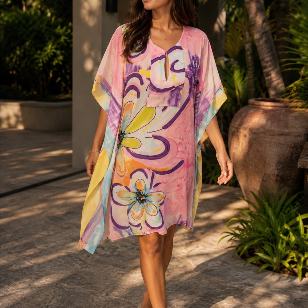 Floral Pink V-Neck Swim Cover-Up Kaftan